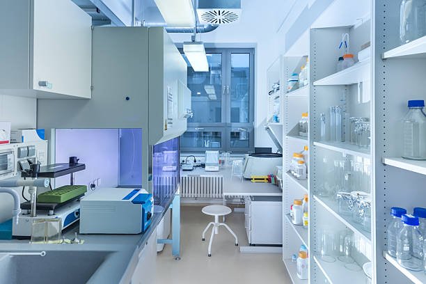 Interior of modern research laboratory shelving